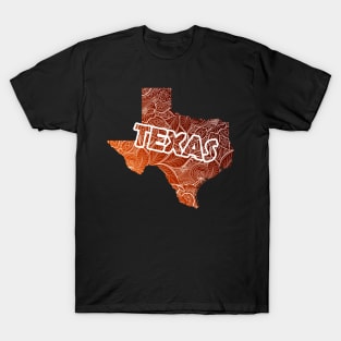 Colorful mandala art map of Texas with text in brown and orange T-Shirt